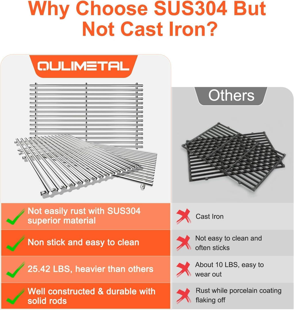 QuliMetal SUS304 9MM Grill Grates for Weber Genesis II E-410/E-415/E-435, Grill Parts for Genesis II/LX E-440 Series Gas Grills, 304 Stainless Steel Grill Grates Parts for Weber GS4 66089 66097