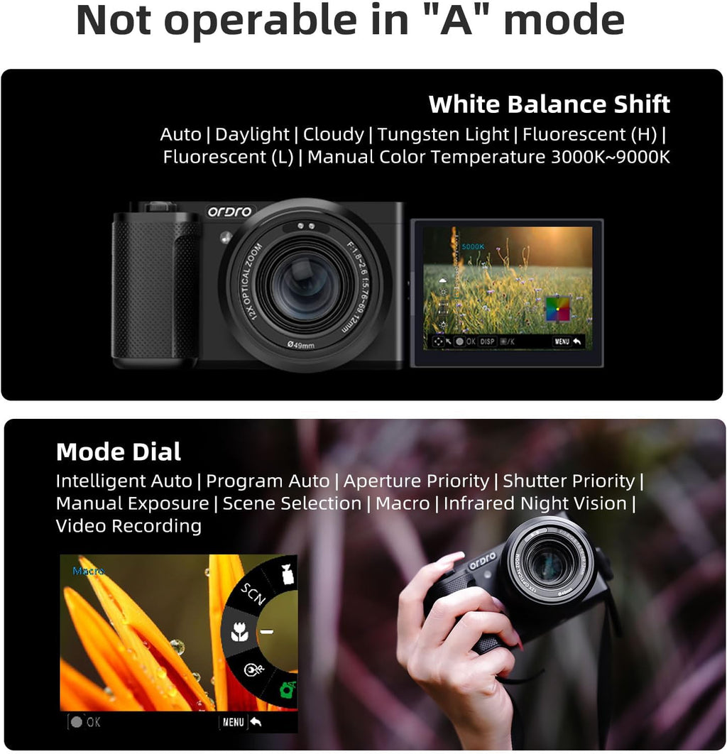 ORDRO G730 5K Digital Camera 12x Optical Zoom, 3.2' Vari-Angle Touchscreen, Auto/Manual Focus for Vlogging and Photography