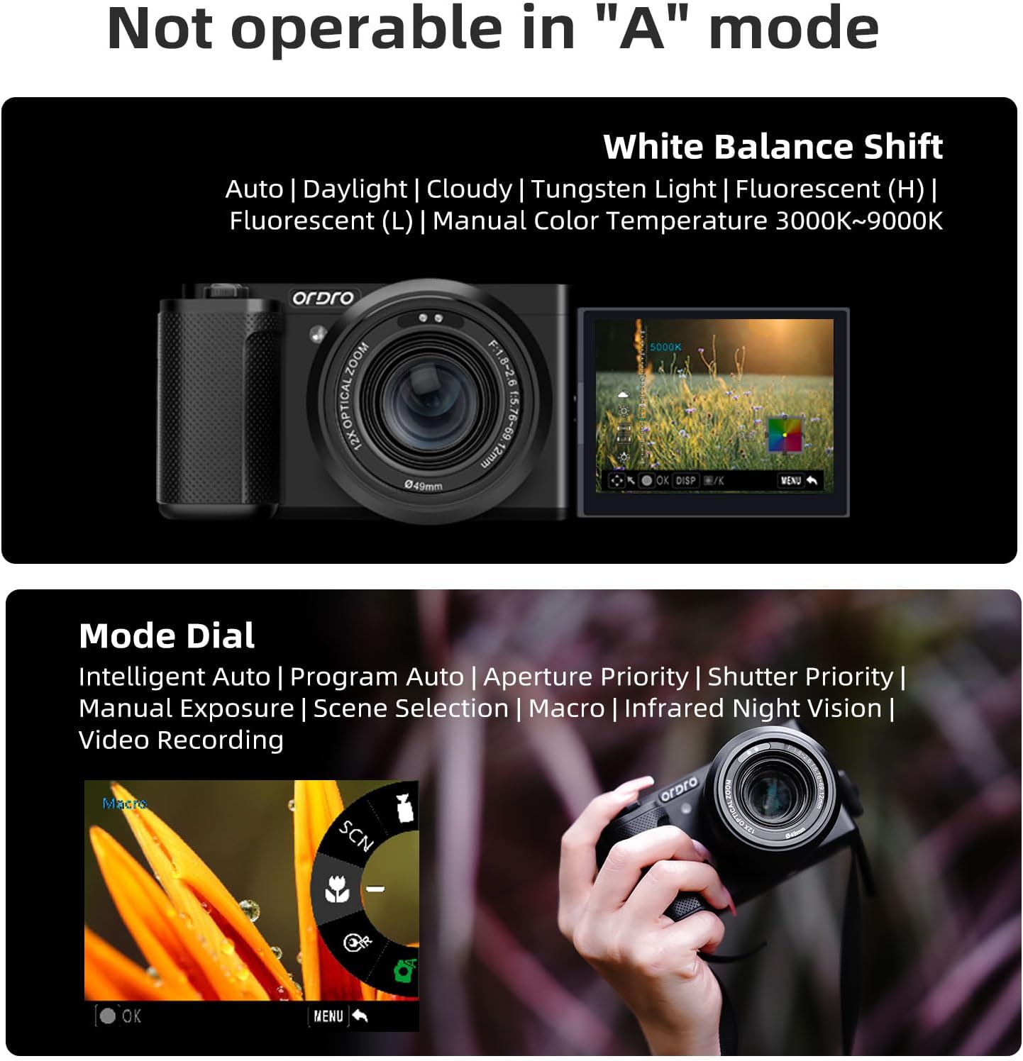 ORDRO G730 5K Digital Camera 12x Optical Zoom, 3.2' Vari-Angle Touchscreen, Auto/Manual Focus for Vlogging and Photography