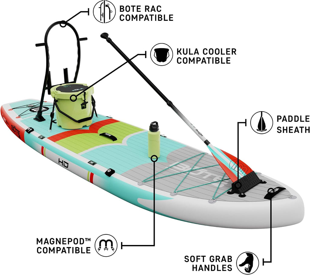BOTE HD Aero Inflatable Stand Up Paddle Board MAGNEPod Compatible Blow Up iSUP with Paddle Travel Backpack Adults Kids Family Friendly 11 FT 6 in Size Multiple Colors