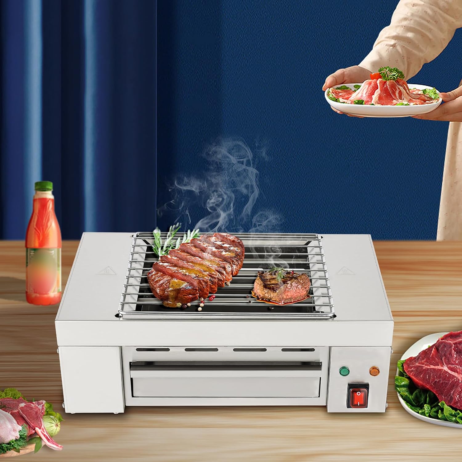 Electric Barbecue Grill, 110V 1500W Indoor Small Korean BBQ Grill with Barbecue Clip&Detachable Grill Mesh&Tray for Home and Commercial Use, Stainless Steel
