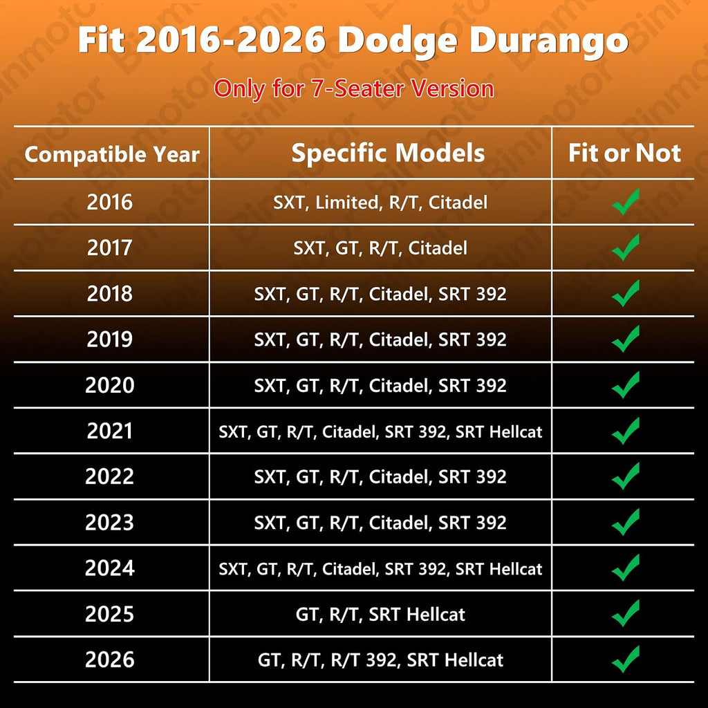 Binmotor-Floor Mats & Cargo Liner for Dodge Durango 2016-2024 2025 2026 (7 Seats) All Weather Mats Durango Cargo Trunk Mat Accessories for Durango GT, GT Plus, R/T, R/T Plus, R/T Premium