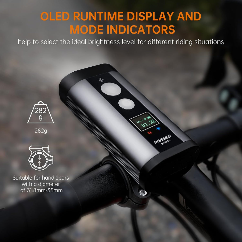 RAVEMEN PR2400 Bike Light for Mountain Biking, 2400 Lumens Bike Headlight with OLED Runtime Display, USB Output, Far Reaching High Beam, Anti-Glare Low Beam, IPX8 Waterproof