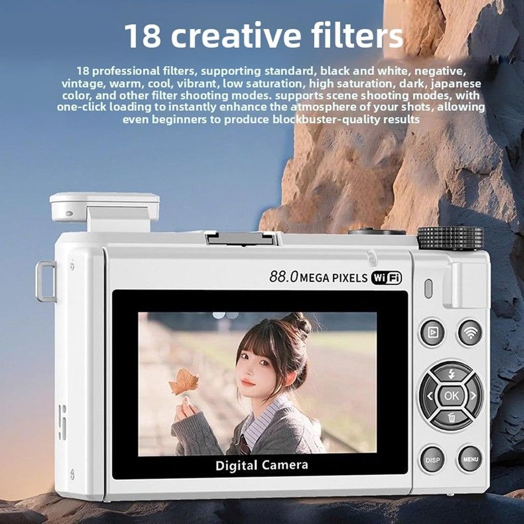 PUSOKEI 8K Digital Camera for Photography, 88MP Vlogging Camera with 3' 180 Flip Screen, 18X Zoom, Autofocus, Wide Angle Lens, WiFi Mirrorless Cameras with 32GB Card, 2 Batteries (White)
