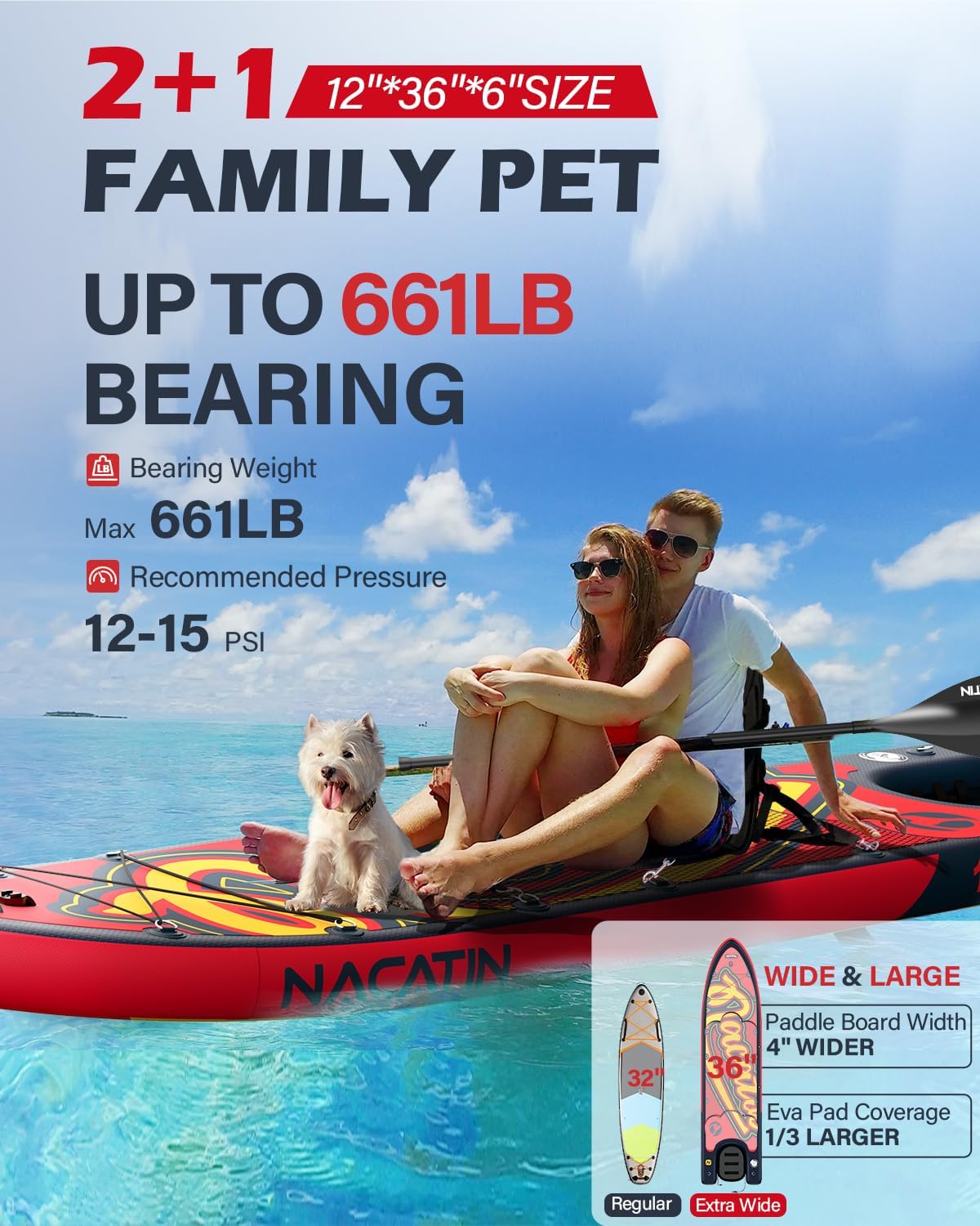 NACATIN Inflatable Stand Up Paddle Board - Premium SUP Board with Dog Ramp Kit, Complete SUP Set Paddle Boards for Adults with Single/Double Paddle, Kayak Seat, Suitable for Paddle Boarding with Dog