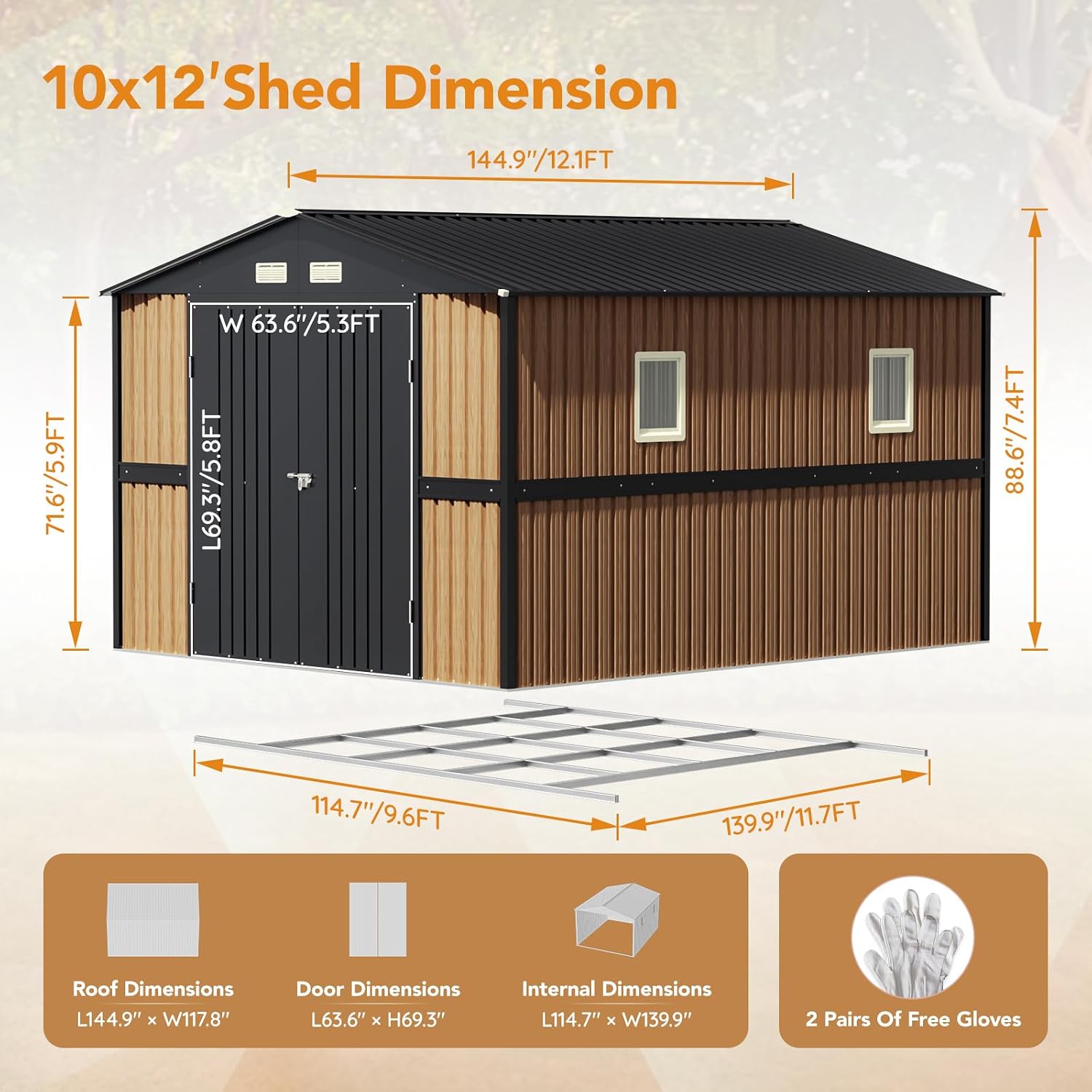 Panovue 10X12 FT Outdoor Steel Storage Shed with Lockable Doors, 2 Windows, Garden Shed with Metal Frame Floor, Ideal for Backyard, Patio Storage,Chicken Coop(Wood Panels Not Included)