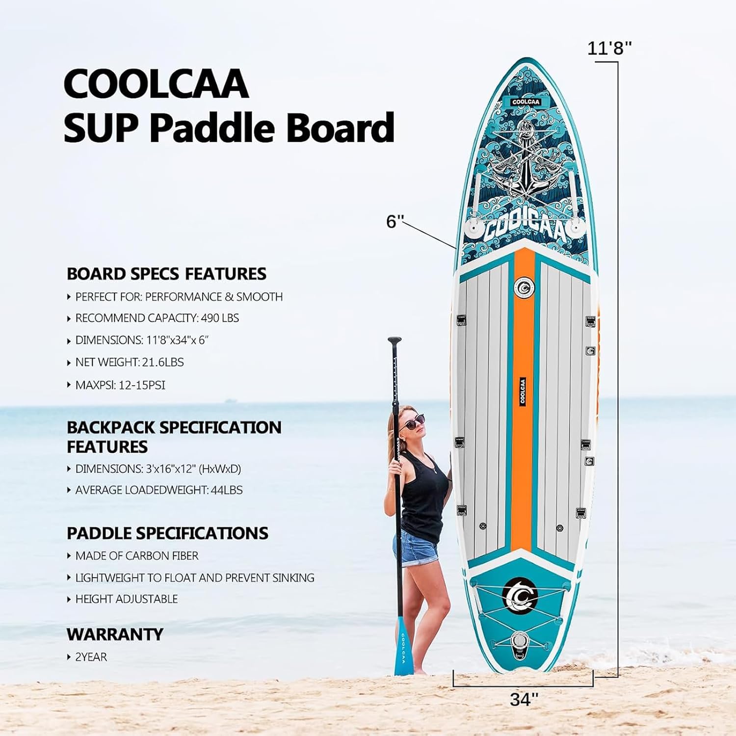 COOLCAA Dolphin Inflatable Paddle Board, Extra Wide & Stable SUP for Family and Beginners, Versatile for Water Activities, with Complete Accessories & Backpack
