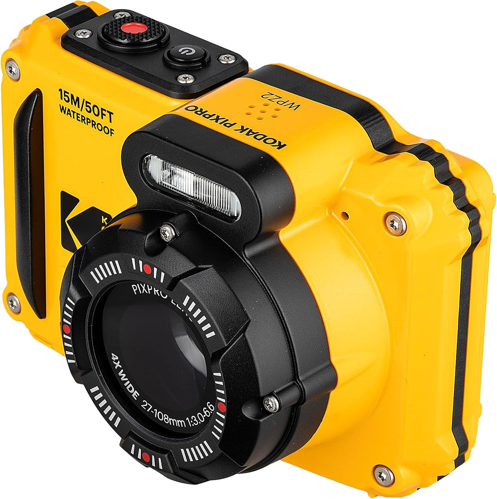 Kodak PIXPRO WPZ2 Digital Camera (Yellow) | Waterproof, Shockproof & Dustproof Camera with 16MP Sensor, 1080p Video & 4X Optical Zoom | for Travel & Outdoor use + 32GB Card + Vlogger Tripod + More
