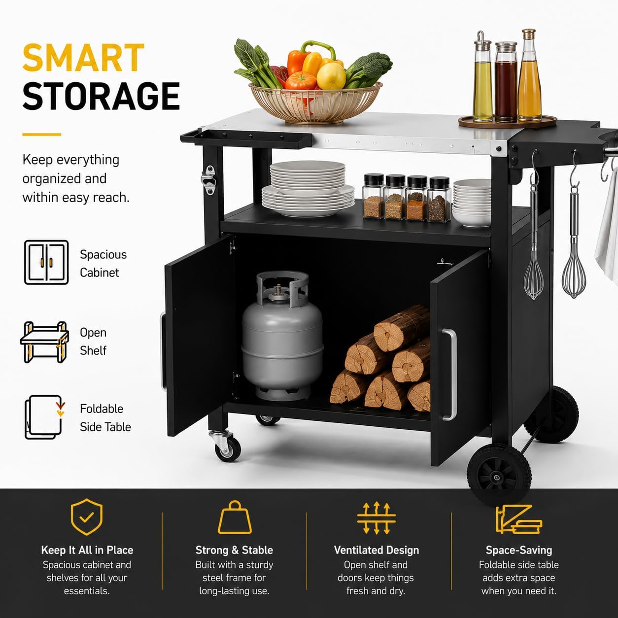 Outdoor Grill Cart with Storage, Rolling Outdoor Bar Cart and Foldable Korean BBQ Table, Movable Outdoor Kitchen Island and BBQ Cart for Patio Dining and Food Prep, with Wheels and Hooks