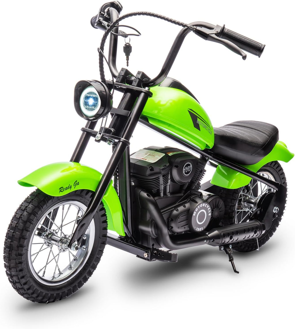 Garveelife Electric Dirt Bike, 15 Mph & 150lb Max, 24V Ride On Toy for Big Kids w/Led Lights & Power Display, 300W Chain-Driven Motor, Two Speed, Handbrake, Leather Seat, 12' Air-Filled Tires, Green