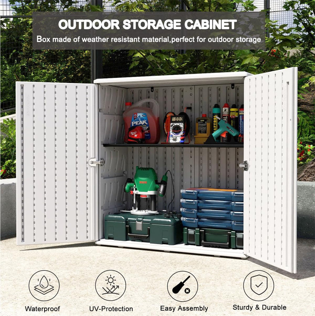 KINYING Outdoor Storage Cabinet Waterproof, Resin 62 Gallon Deck Box for Patio Furniture Cushions, Garden Tools, Pool Tools and Kids' Toys (Off White with 1 Shelving)