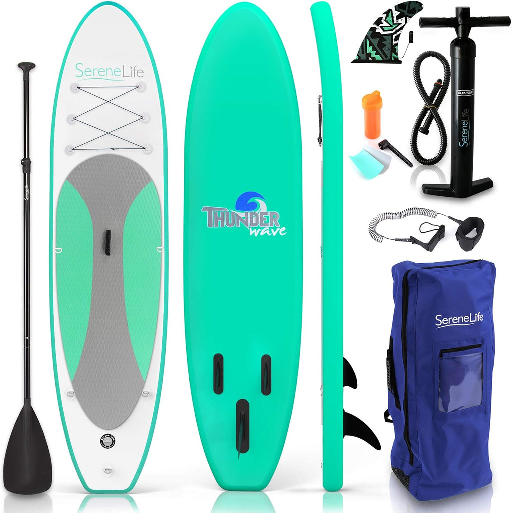 SereneLife Inflatable Stand Up Paddle Board - Wide Stable Design, Non-Slip Deck for Adults & Youth with Premium Paddle Board Accessories: Carry Bag, Dual Action Pump, Paddle, Ankle Leash - 10'
