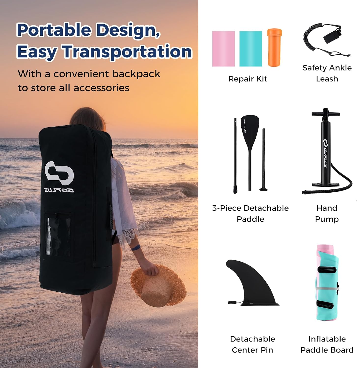 Goplus Inflatable Stand Up Paddle Board, 10FT/10.5FT/11FT SUP with Accessory Pack, Adjustable Paddle, Carry Bag, Fin, Hand Pump, Leash, Repair Kit