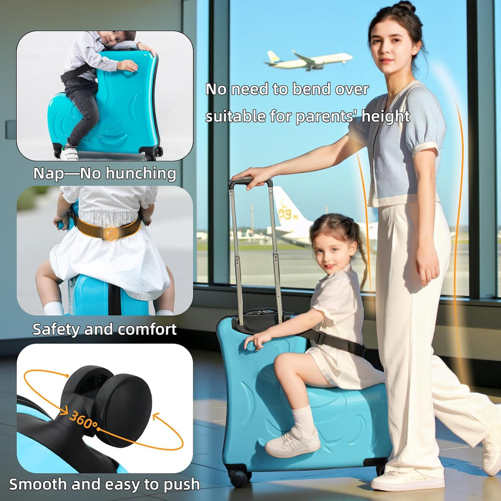 Toddler Luggage Ride On Suitcase for Kids with 4 Spinner wheels, Hardside Travel Luggage for Boys and Girls Ages 2-12 (Ocean Blue, 20-Inch)