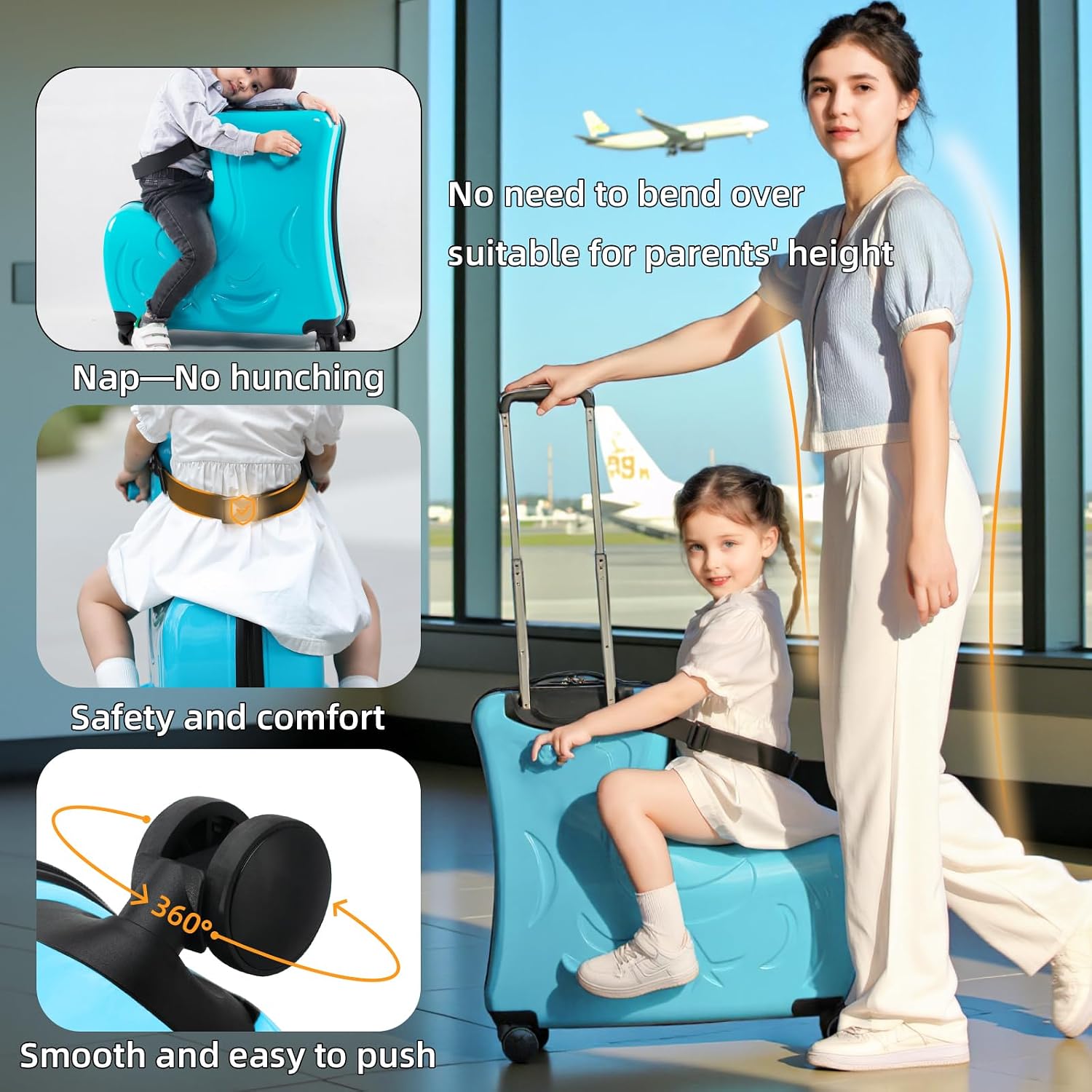 Toddler Luggage Ride On Suitcase for Kids with 4 Spinner wheels, Hardside Travel Luggage for Boys and Girls Ages 2-12 (Ocean Blue, 20-Inch)