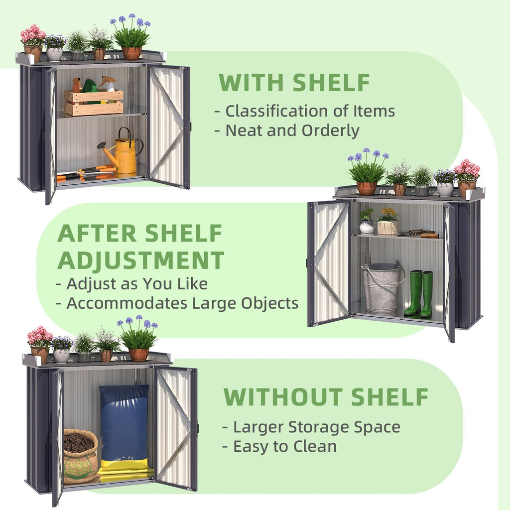 AECOJOY Outdoor Storage Cabinet Waterproof, Potting Workbench Table with Adjustable Shelves, Outside Metal Sheds & Outdoor Storage Garden Cabinet for Gardening Tools and Plants, Dark Grey