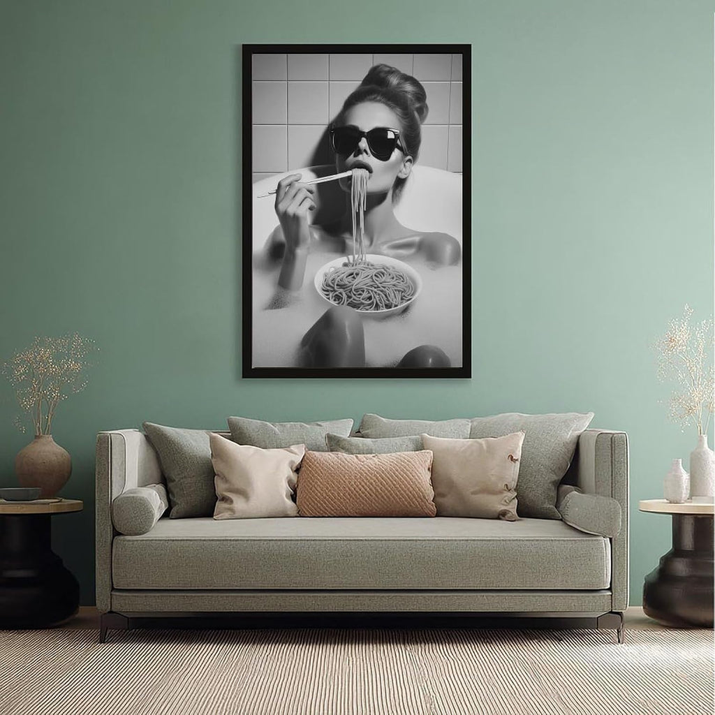 UXCBIA Woman Wearing Sunglasses Eating Spaghetti in Bathtub, Black And White, Funny Bathroom Poster Canvas Poster Bedroom Decor Sports Landscape Office Room Decor Gift Black Frame 24x36in(60x90cm)
