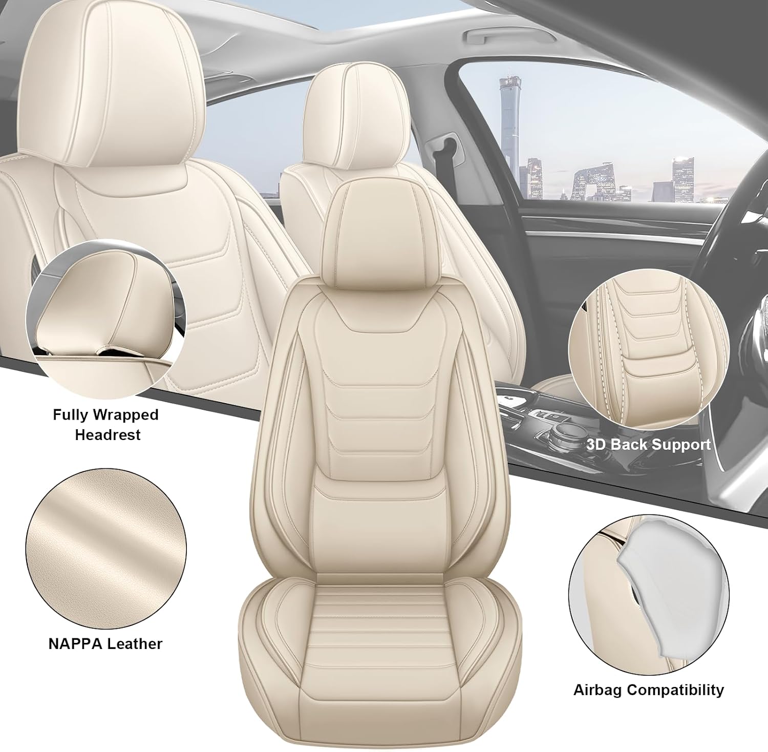 DHAEY Car Seat Covers for Volkswagen Atlas 2018-2025, Family Seat Covers, Nappa Leather, Wear-Resistant, Anti-Slip, Waterproof, 5PCS Full Set, Beige