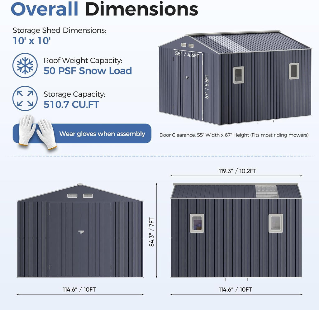 K Knowbody 10x10 FT Metal Shed, Reinforced Frame with Powder Coating, 50 PSF Snow Load & 120 MPH Wind Rated, Outdoor Storage Building with Skylight & Swing Doors