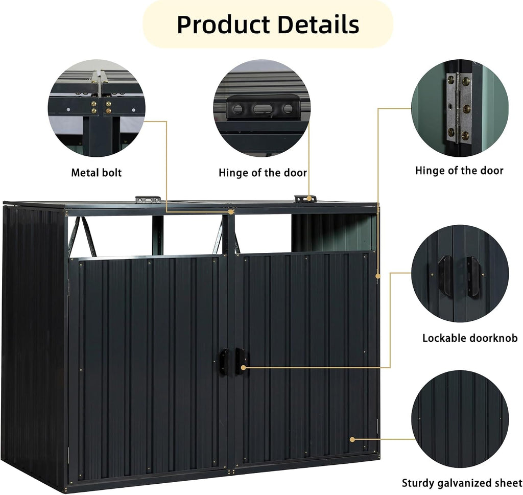 55.1 Cu.Ft Outdoor Trash Can Storage Shed, Metal Trash Can Storage Bin with Spring Chain Lid for Garbage Storage, Waterproof Storage Shed Stores for 2 Trash Cans, Garden Tools, Black