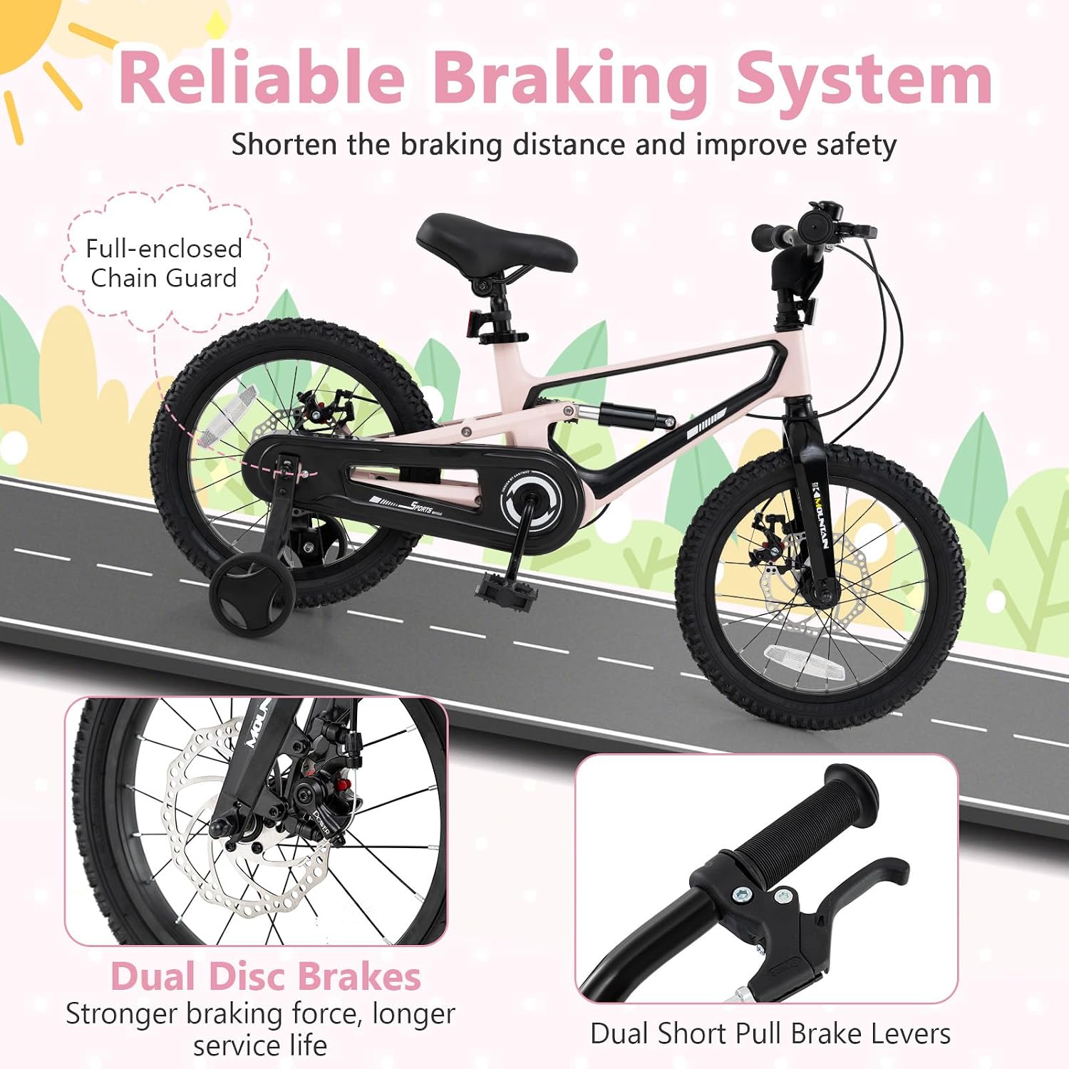 BABY JOY Kids Bike, 16' Magnesium Sporty Bicycle with Dual Disc Brakes, Removable Training Wheels, Body Suspension, Adjustable Handlebar & Saddle, Girls Boys Bike