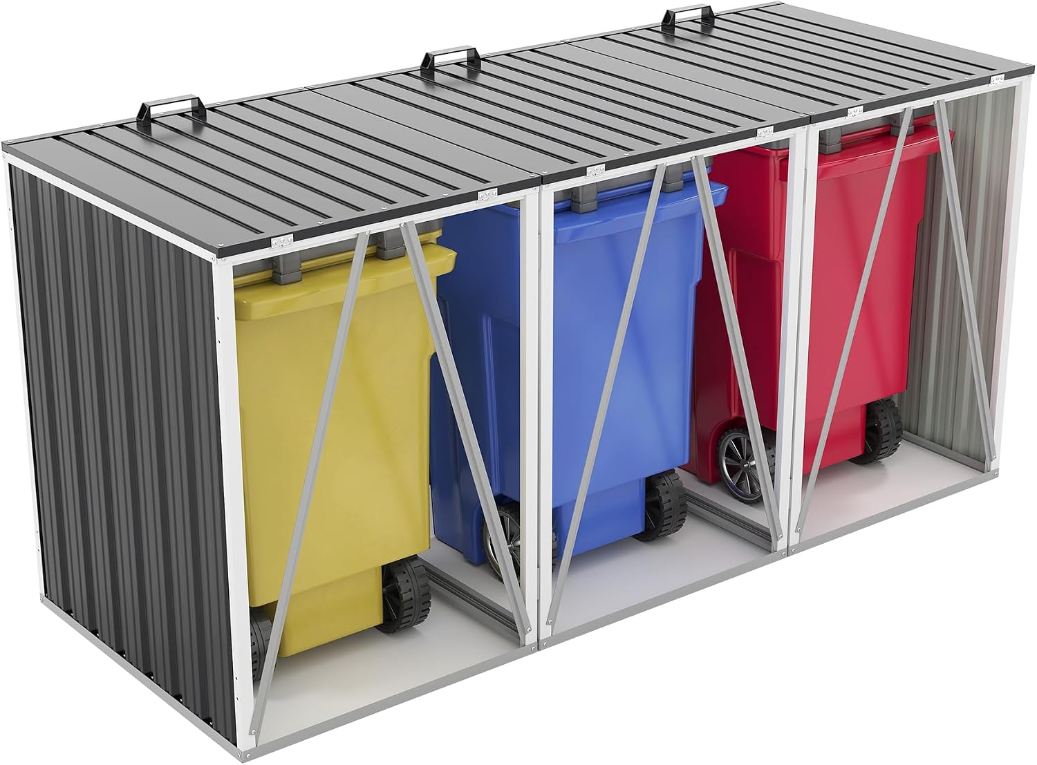 83 Cu Ft Outdoor Storage Shed, Metal Garbage Tool Trash Can Storage, Stainless Galvanized Steel, Pneumatic Support Rod, Bike Storage Shed for 3 Trash Bins (Dark Gray+3 Trash Can)