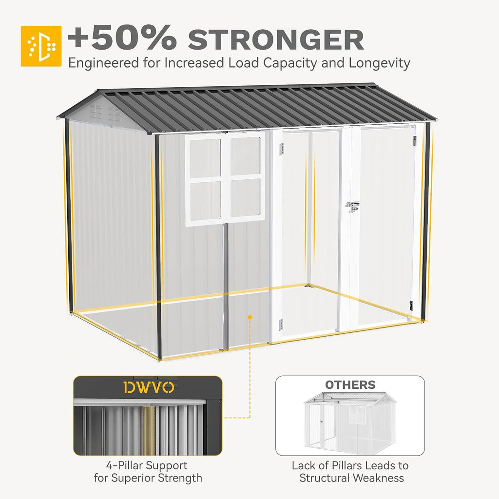 DWVO 8x6ft Large Tool Storage Shed with Window, Lockable Doors, and Sloped Roof, Oversized Steel Outdoor Storage Shed for Garden, Patio, Garage, Backyard, Lawn - Gray & White