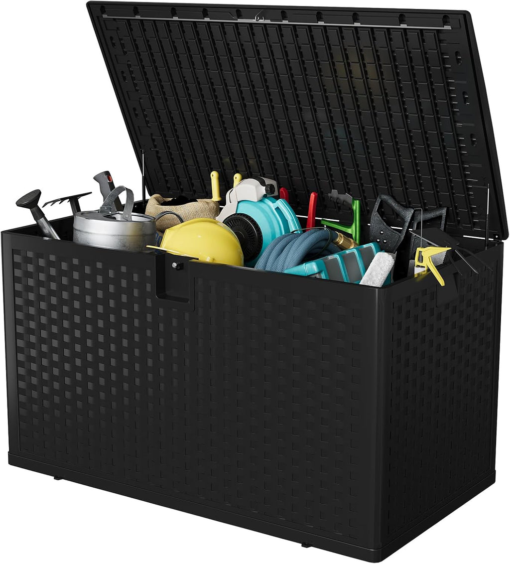 Garvee 120 gallon Waterproof Outdoor Storage Box, Lockable Plastic Deck Box with Lid, Patio Storage Bin for Pool, Garden Tools, Backyard, Porch, All-Weather Protection, Black