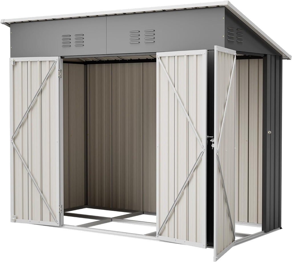 4' x 8' Metal Shed with Two Doors,Outdoor Lean to Storage Shed, Garden Tool Storage Cabinet for Backayrd, Patio and Outdoor Use,Grey