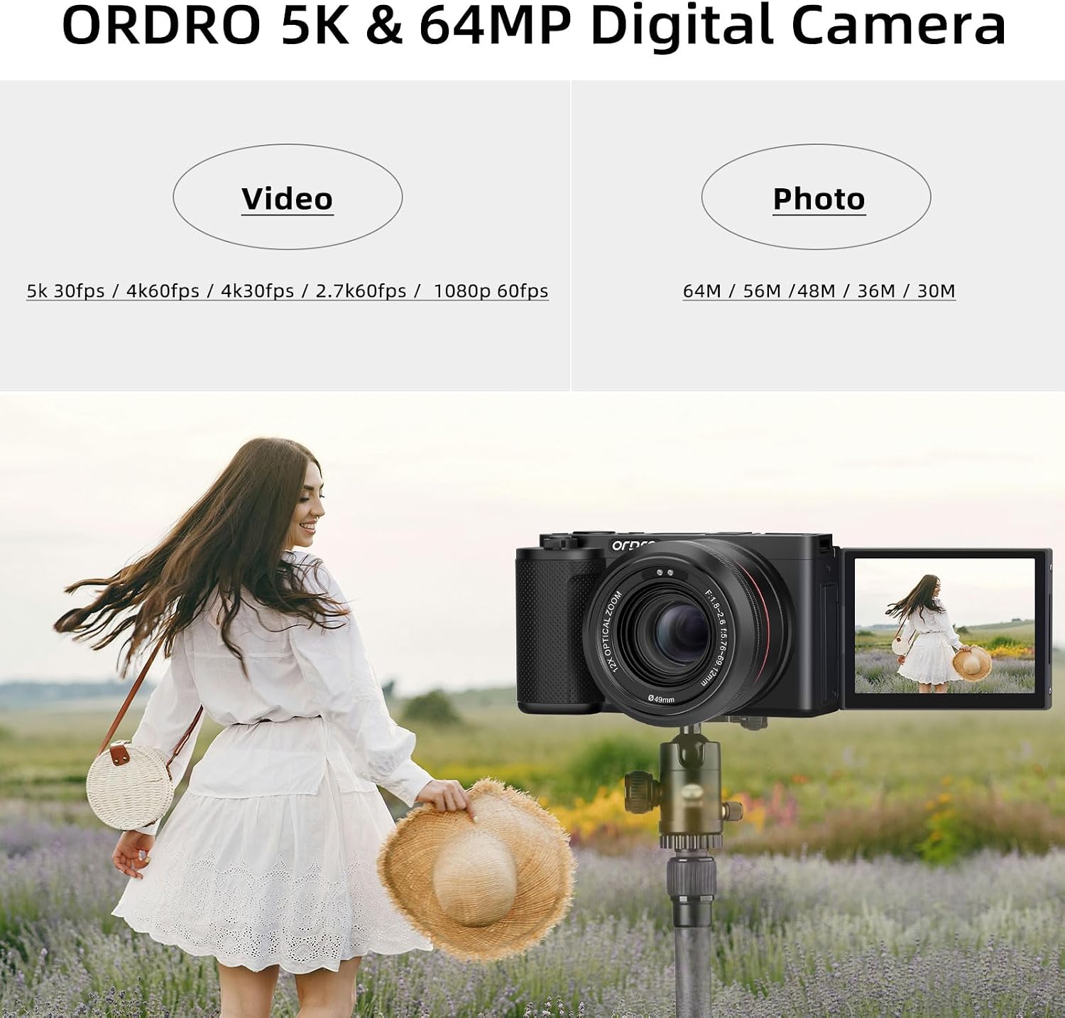 ORDRO G730 5K Digital Camera 12x Optical Zoom, 3.2' Vari-Angle Touchscreen, Auto/Manual Focus for Vlogging and Photography