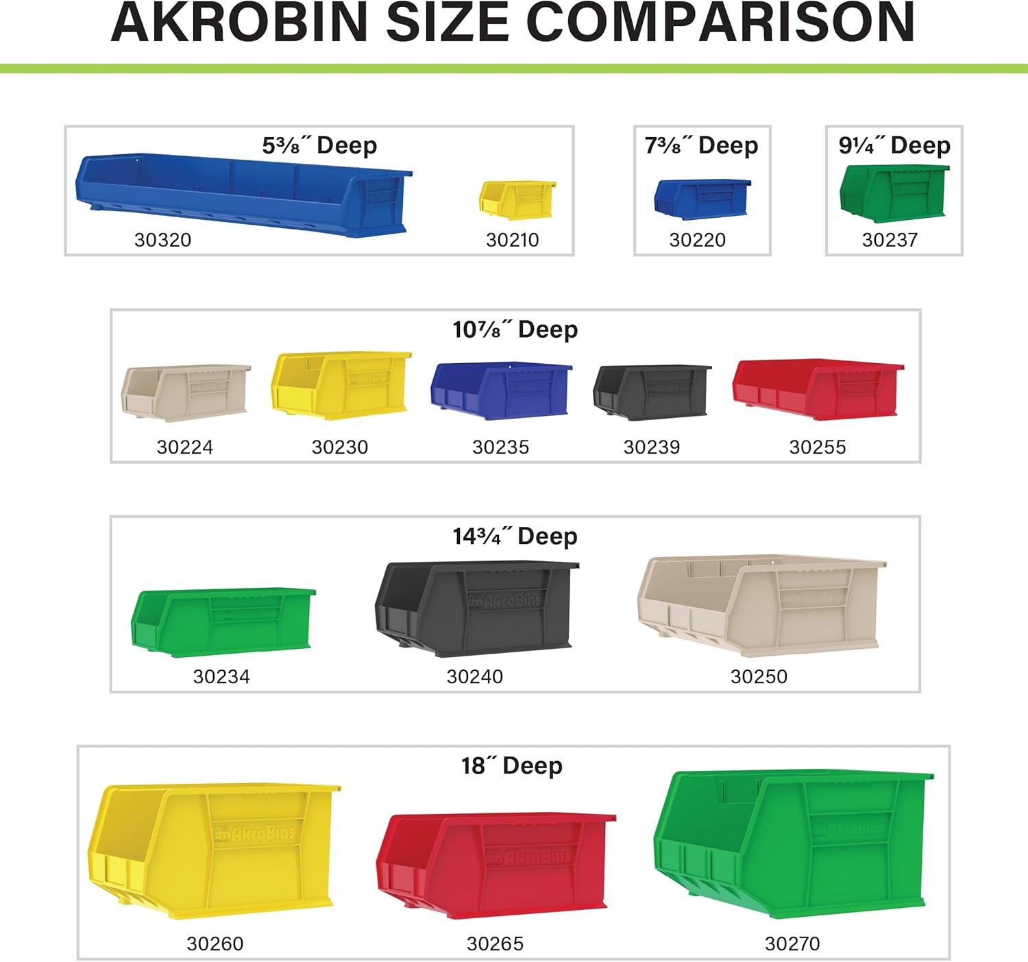 Akro-Mils 30265 AkroBins Plastic Storage Bins, Space-Saving Stackable Bins for Garage, Pantry, Craft Organization, 18-' x 8.25-' x 9-', Black, 6-Pack
