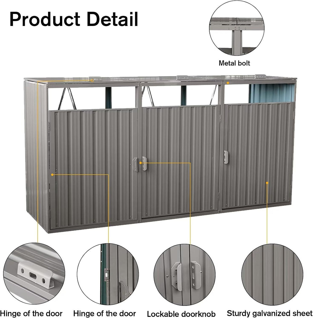 8 x 2.6 ft Outdoor Metal Trash Shed, Storage Shed, Trash Can Storage, Outdoor Garbage Can Organizer, Ideal for 3 Trash Bins, Toys, Weeding Tools (Grey)