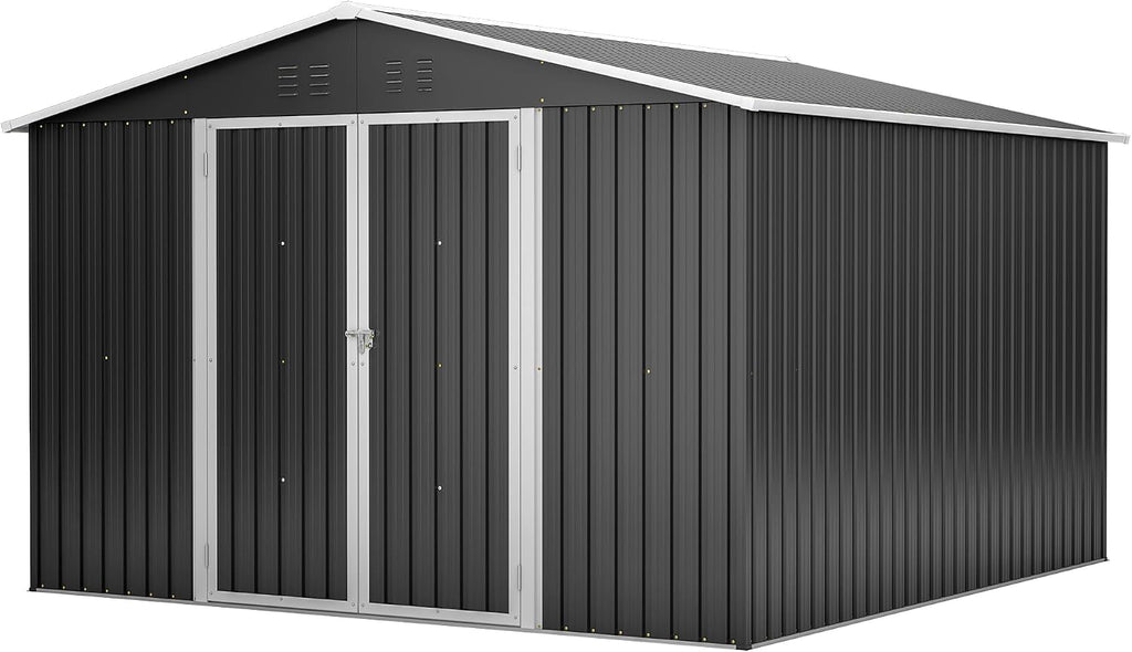 YOPTO 10x10 FT Outdoor Storage Shed,Large Metal Tool Sheds with Updated Frame Structure and Lockable Doors, Garden Shed for Backyard Patio Lawn, Black
