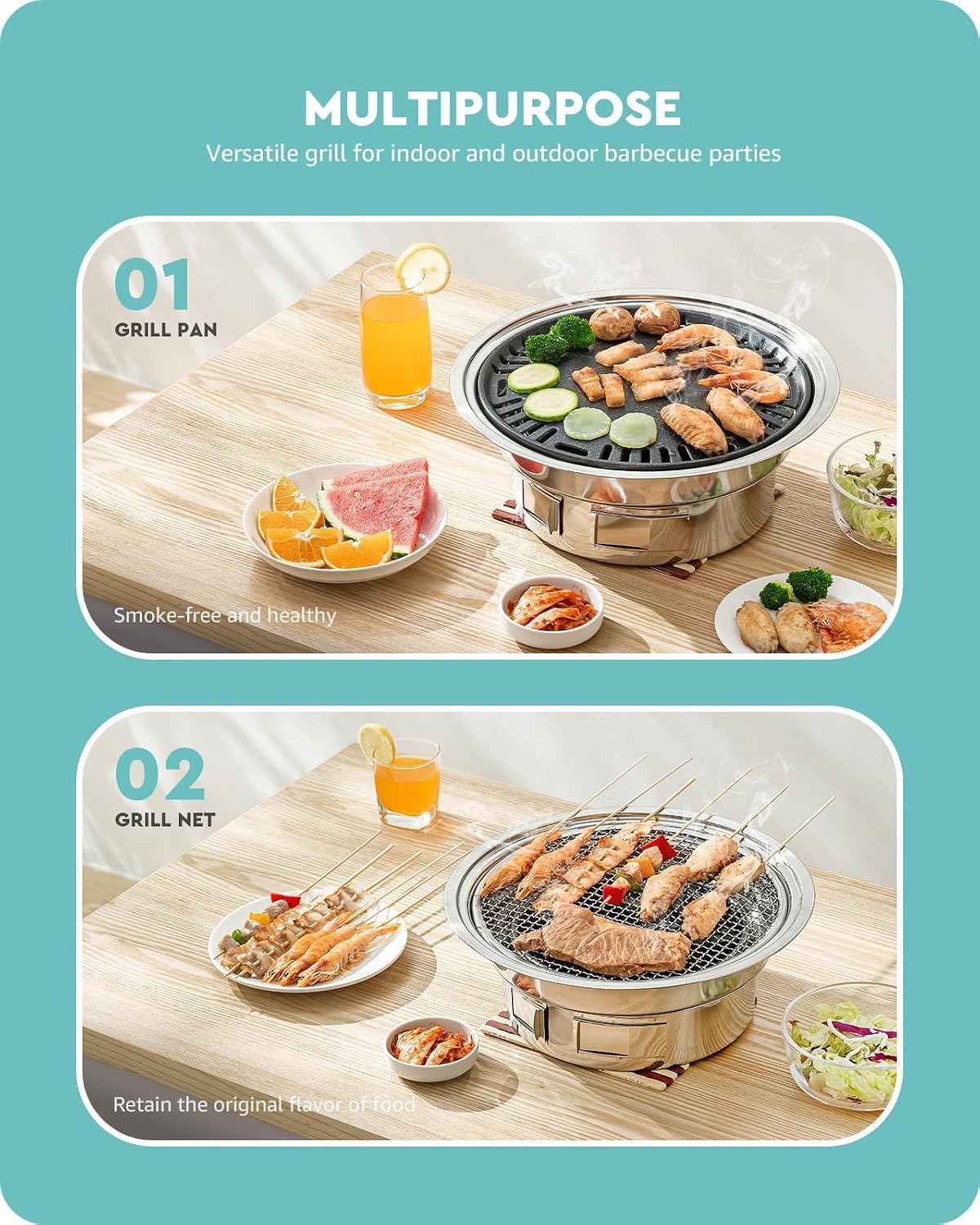 EKsma BBQ Charcoal Grill, 13.7 inch Non-Stick Stainless Steel Korean Barbecue Grill, Portable Charcoal Stove for Outdoors Camping Picnic and Indoor Party Cooking