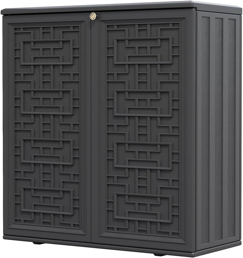 HOMSPARK Indoor/Outdoor Storage Cabinet with Doors and Shelf, 34'x15'x36' HDPE Plastic Storage Box Waterproof for Patio, Garden, Balcony, Multi-Purpose for Daily Tools, Black
