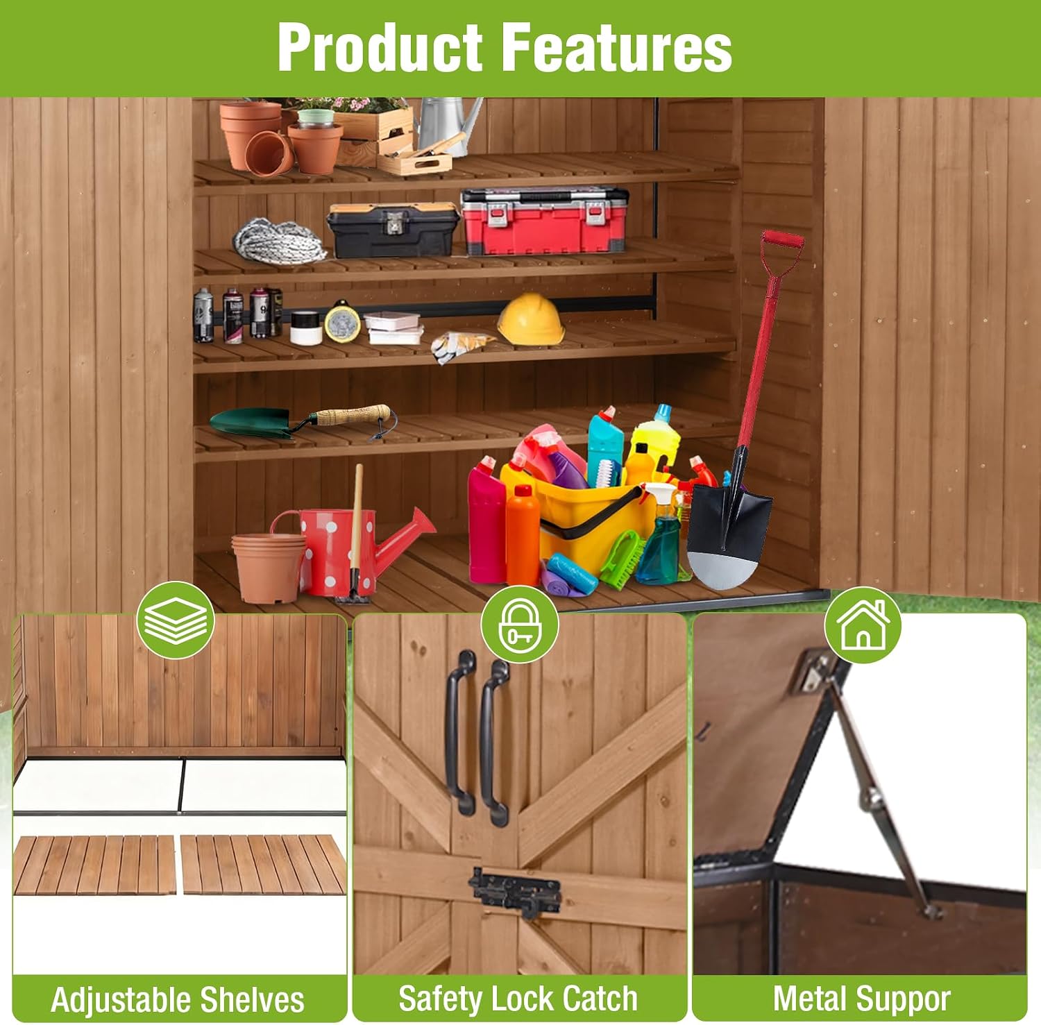 Outdoor Storage Shed with Strong Metal Frame, Wooden Garden Sheds with Adjustable Shelves and Removable Floor, Weatherproof Outdoor Trash Can Shed, Horizontal Storage Cabinet for Patio