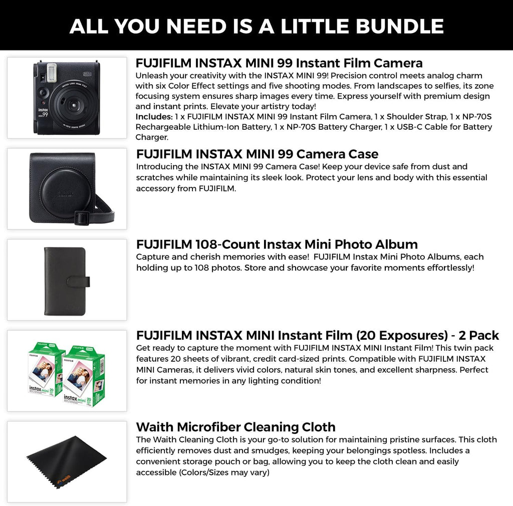 Fujifilm Instax Mini 99 Instant Film Camera with Instax Mini 99 Camera Case, Photo Album (108 Count) 2 Pack of Instant Film 40 Sheets Total Essential Bundle Set