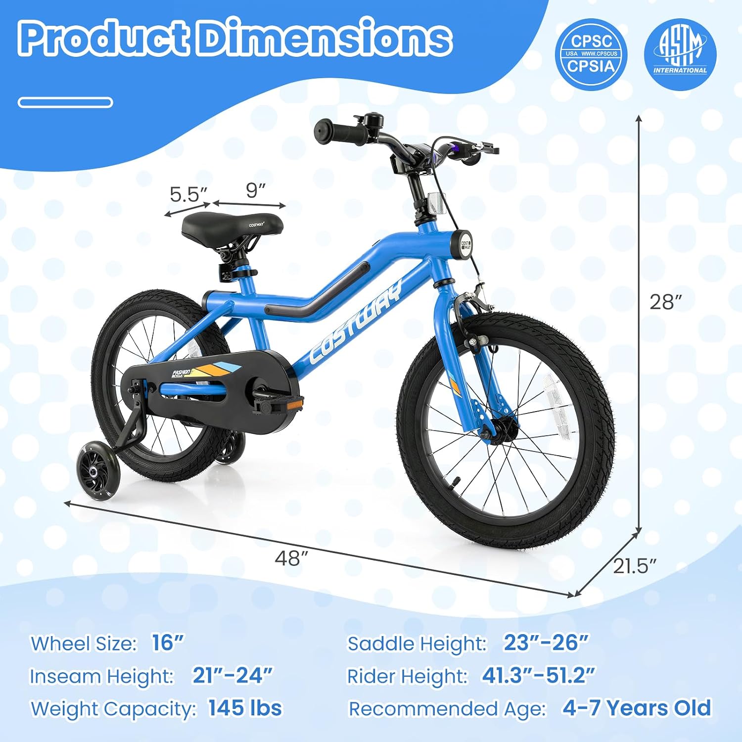 COSTWAY 16'/18' Lighted Kids Bike, Children Sport Bicycle with LED Light-up Frame, Adjustable Saddle, Training Wheels, Handbrake & Coaster Brake, Kids Riding Bike for 4-7/4-8 Years Old Boys & Girls