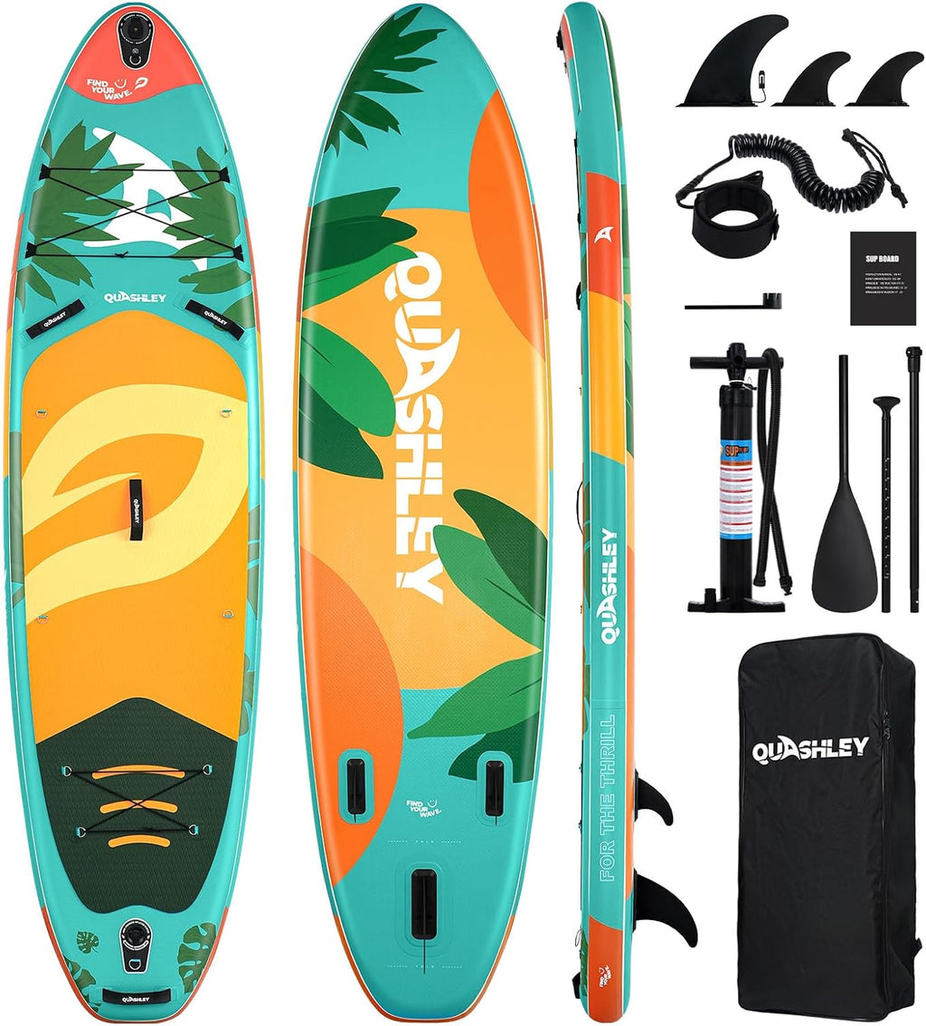 Quashley Inflatable Paddle Board Extra Wide Stand Up Paddleboards 11'×34' with All Premium Paddle Board Accessories,Inflatable SUP for Adults/Family,Beginner-Friendly,Removable Fin,Hand Pump