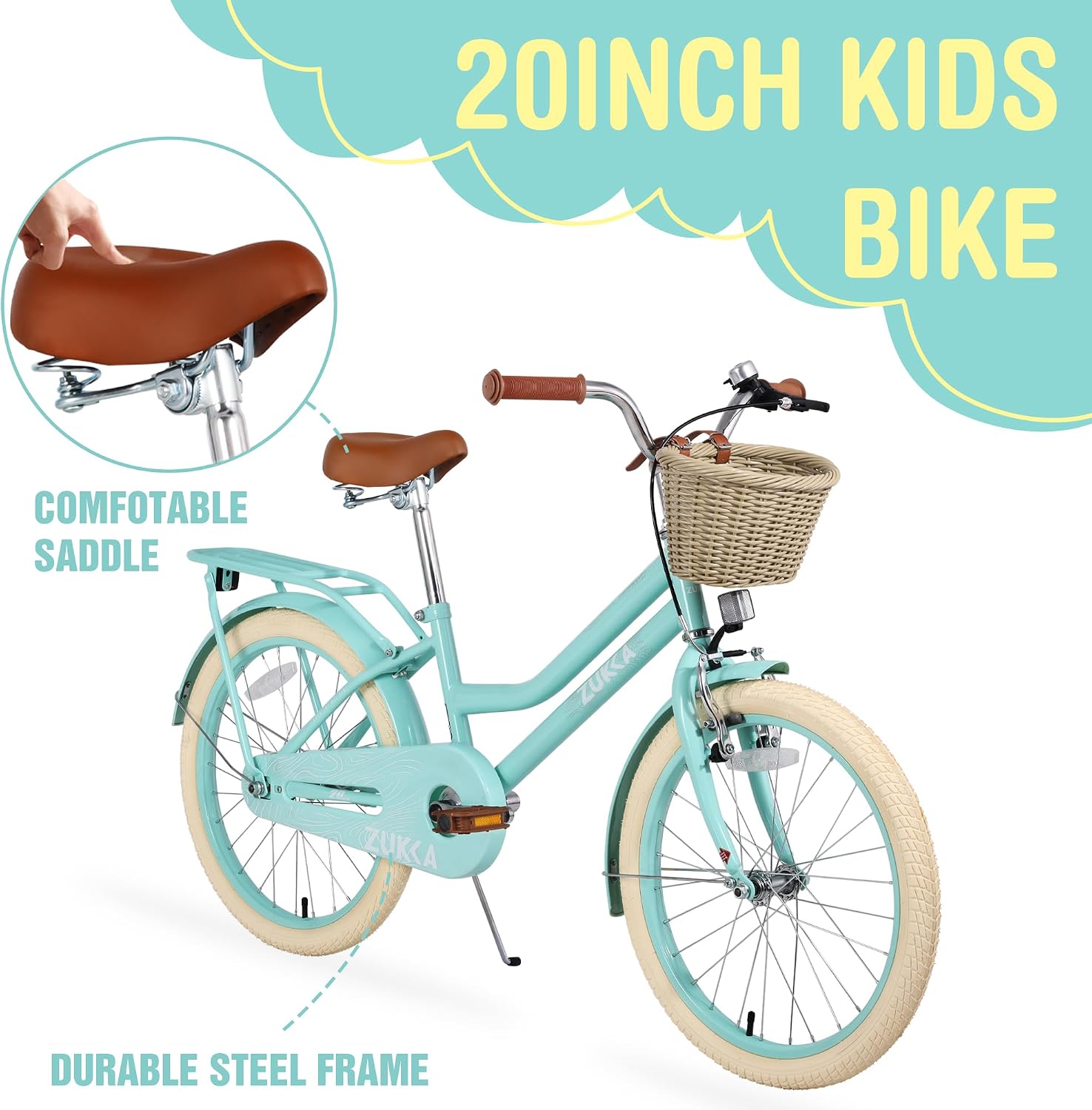20'/24' Inch Girls Cruiser Bike 1-Speed Hybrid City Bicycle for Youth 7-10+ Years Old with Wicker Basket & Rear Rack，Kids Cycle Bikes，Hand&Pedal Brake，Steel Frame，Multiple Colors