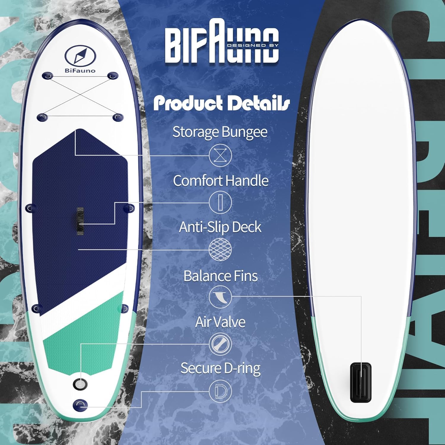 Bifanuo Inflatable Stand Up Paddle Board with SUP Accessories & Backpack. Paddle Boards for Adults. Non-Slip Deck, Wide Stance, Bottom Fin, Double Action Pump.