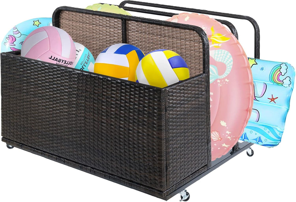 Double Layer Poolside Float Storage, Outdoor Storage, PE Rattan Outdoor Pool Caddy with Rolling Wheels for Floaties, Patio Poolside Float Storage Basket, Storage Box, Patio, Pool, Beach-Sturdy