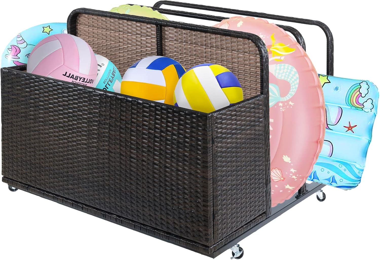 Double Layer Poolside Float Storage, Outdoor Storage, PE Rattan Outdoor Pool Caddy with Rolling Wheels for Floaties, Patio Poolside Float Storage Basket, Storage Box, Patio, Pool, Beach-Sturdy