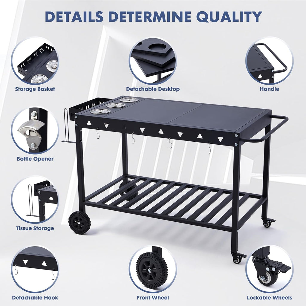 Portable Outdoor Grill Table with Wheels, Heavy-Duty Griddle Stand Grill Cart with Shelves,Towel Holder, Spice Pots & Bottle Opener, Multi-Functional BBQ Prep Station & Utility Cart