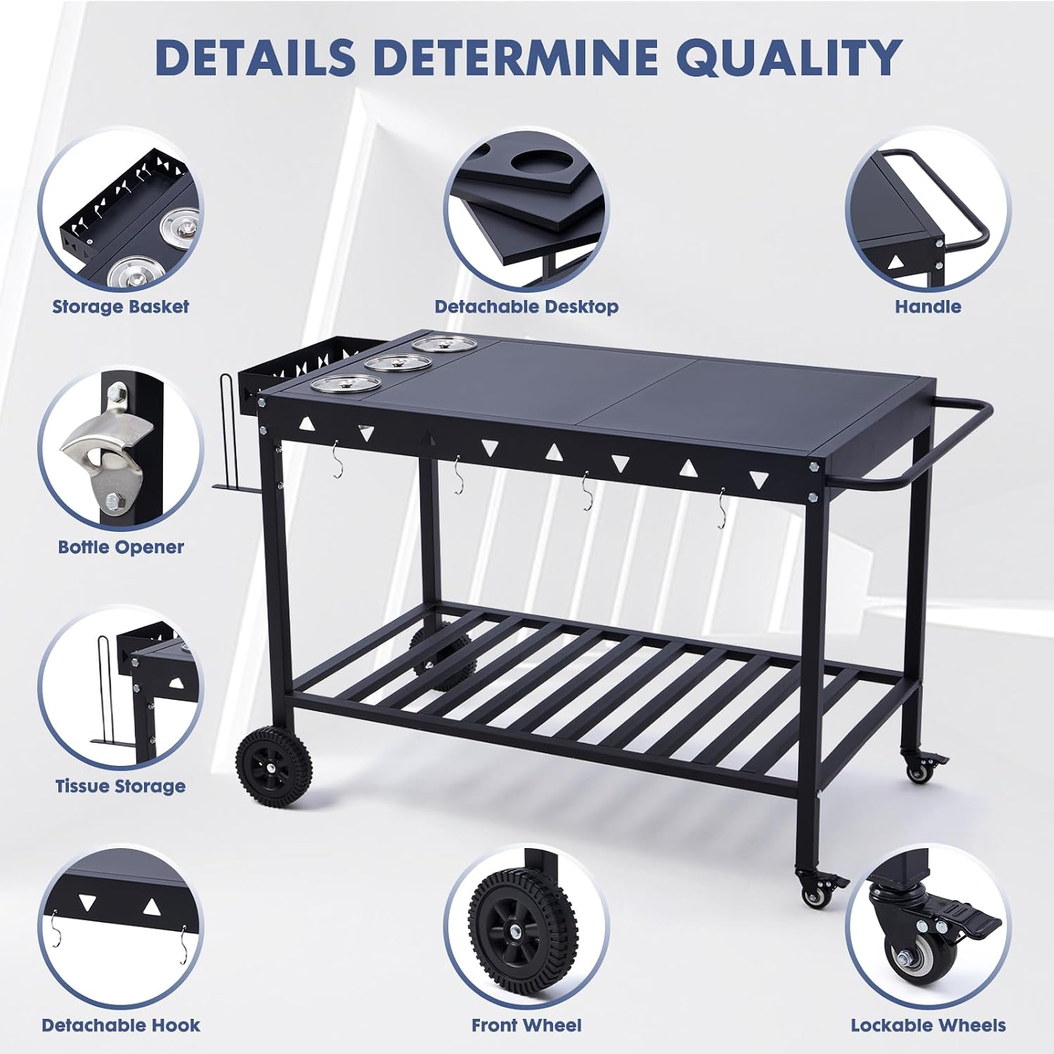 Portable Outdoor Grill Table with Wheels, Heavy-Duty Griddle Stand Grill Cart with Shelves,Towel Holder, Spice Pots & Bottle Opener, Multi-Functional BBQ Prep Station & Utility Cart