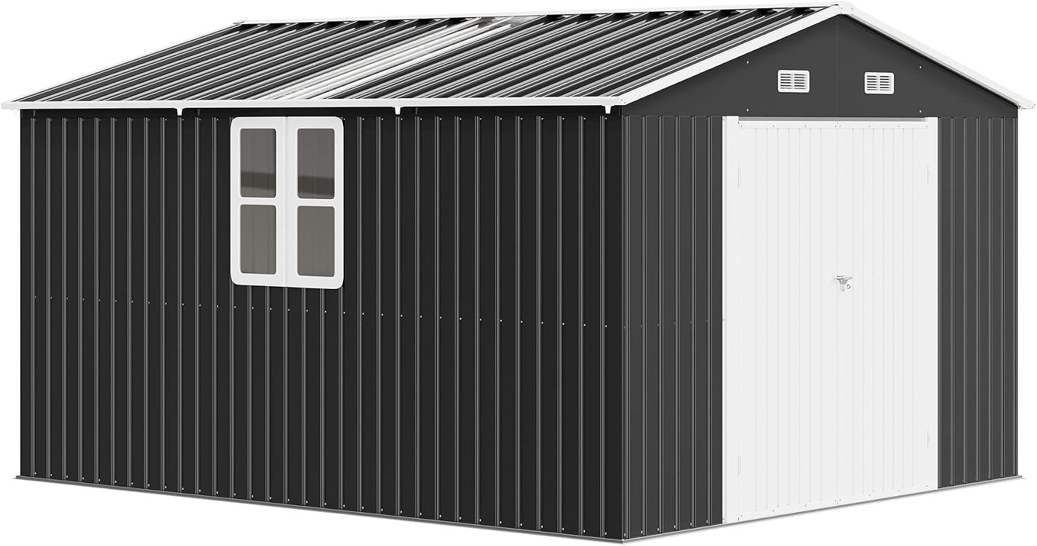 AMERLIFE 10x12x7 FT Outdoor Storage Shed with 2 Transparent Panels, Metal Garden Shed with Hinged Double Doors, 2 Windows & 4 Vents, Reinforced Steel Frame for Garden, Backyard, Dark Gray