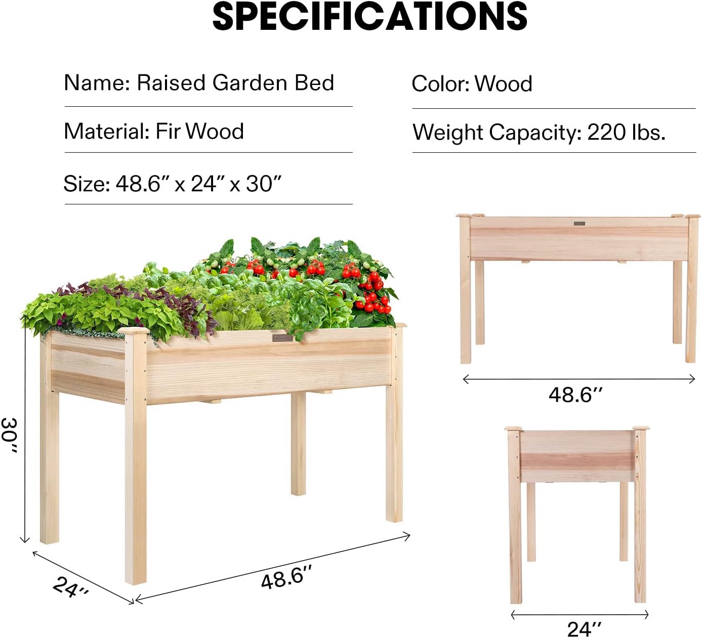 VIVOSUN Elevated Wooden Raised Garden Bed, 48 x 24 x 30 Inches, Outdoor Wood Planter Box w Bed Liner and Gloves for Garden, Patio, Balcony, Backyard and Outdoors, 220-Pound Capacity (Pack of 2)