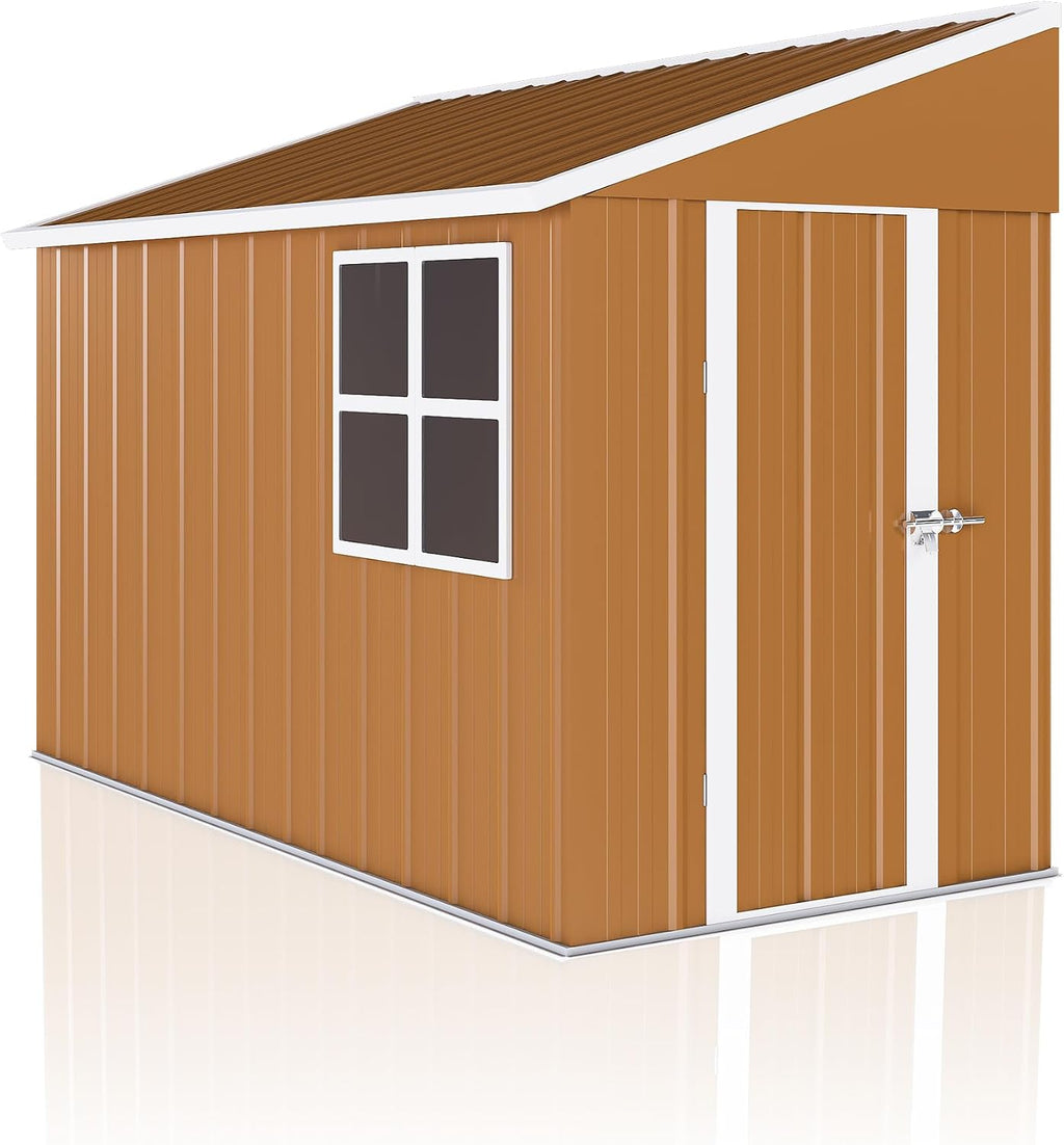 8x4 FT Heavy-Duty Metal Tool Shed with Windows, Lockable Door & Ventilation, Weatherproof Outdoor Garden Storage Shed for Backyard, Lawn, and Tool Organization, Brown