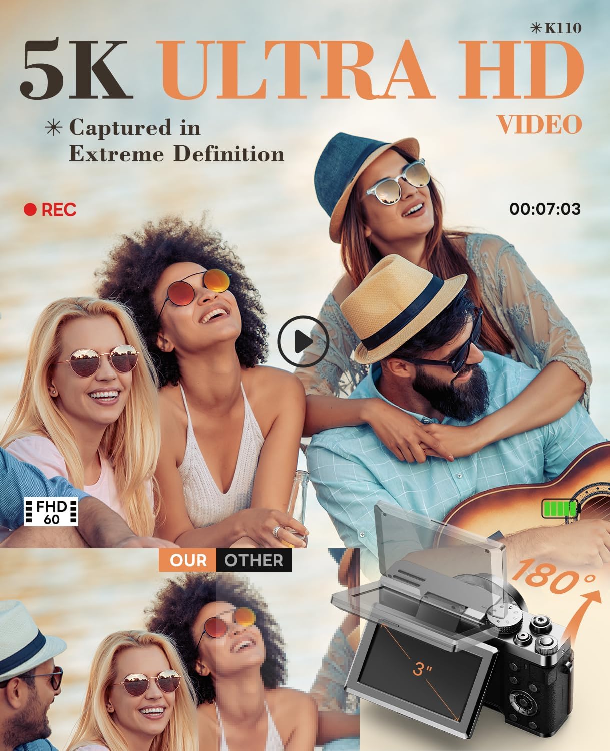 5K 64MP Digital Cameras for Photography - 18X Zoom Autofocus with 180° Flip Screen, 64GB Card & 2 Batteries, Travel Vlogging Camera for YouTube Beginners MC-US-K100C-BS-N5-A-2512