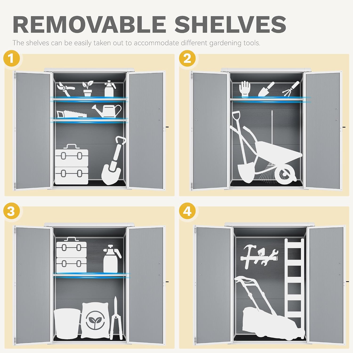 DWVO Outdoor Tall Storage Shed 50 Cuft with 2 Shelves, 4.3x2x5.5ft Vertical Tool Shed with Floor & Lockable Doors, Sturdy Double-Wall Plastic Cabinet for Garbage Cans and Garden Equipment